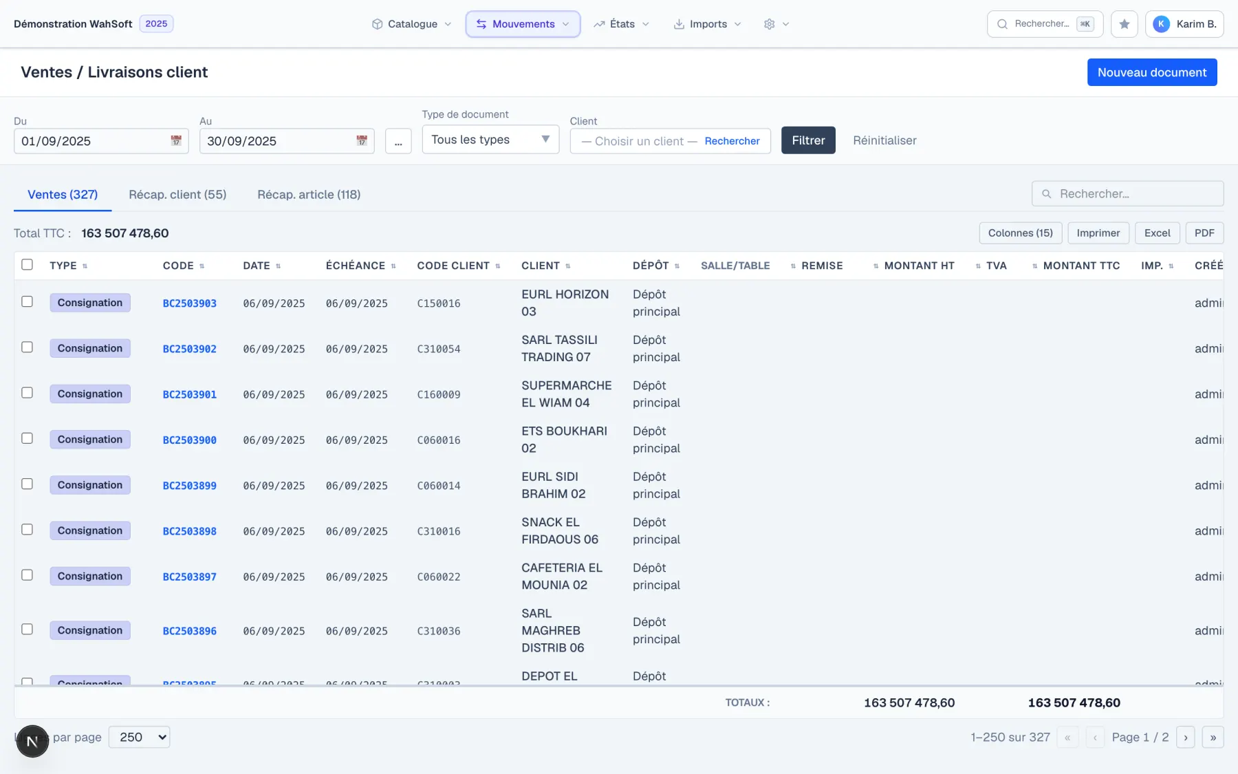 L'écran Ventes / Livraisons client de WahSoft ERP